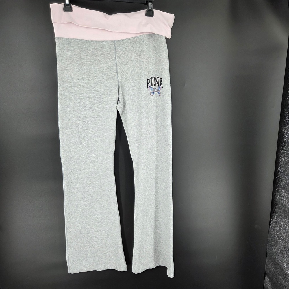 PINK Victorias Secret Foldover Flare Yoga Pants Gray Pink Butterfly XL Y2K